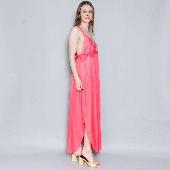 698. VINTAGE Maidenform Pink Lace Trim Maxi Gown NWT M - Picture 3 of 7